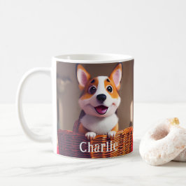 愛らしいコルギパピーinバスケット名前をカスタムする犬 コーヒーマグカップ