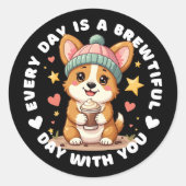 愛らしいコーギコーヒー恋人 ラウンドシール (正面)