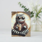 愛らしいコーヒー飲み物つき猫 ポストカード (スタンド正面)