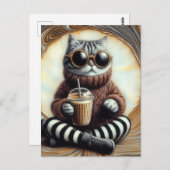 愛らしいコーヒー飲み物つき猫 ポストカード (正面/裏面)