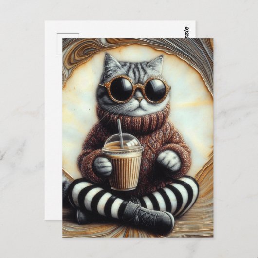 愛らしいコーヒー飲み物つき猫 ポストカード (正面/裏面)
