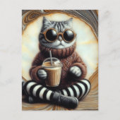 愛らしいコーヒー飲み物つき猫 ポストカード (正面)