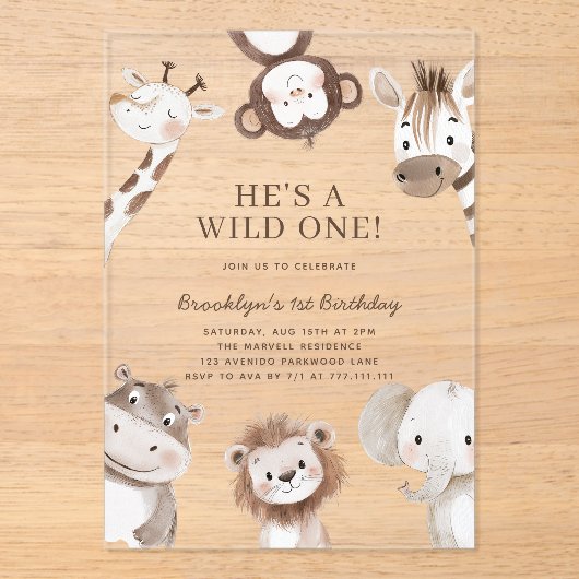 愛らしいサファリの動物をテーマにした誕生日 アクリル招待状 (正面)