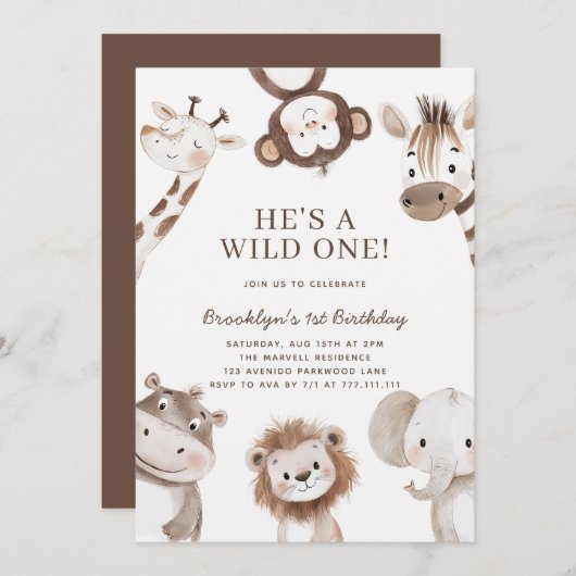 愛らしいサファリの動物をテーマにした誕生日 招待状 (正面/裏面)