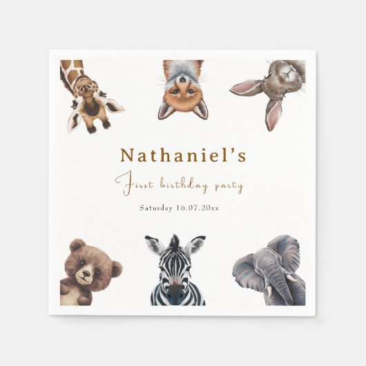 愛らしいサファリフォレストアニマルズ誕生日 スタンダードカクテルナプキン (正面)