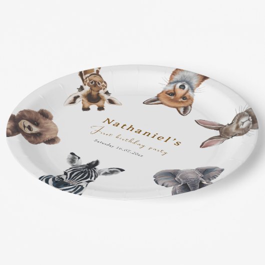 愛らしいサファリフォレストアニマルズ誕生日 ペーパープレート (アングル)