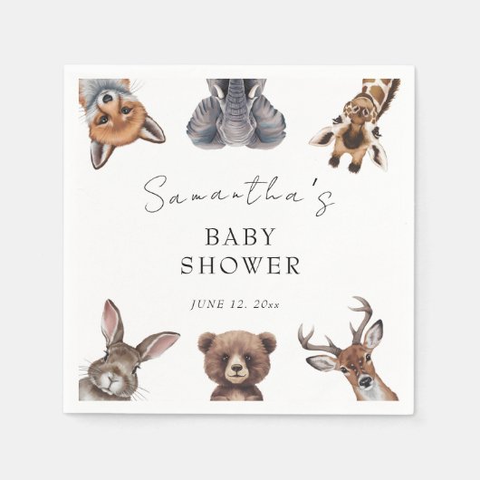 愛らしいサファリ動物のベビシャワーカードとギフト スタンダードカクテルナプキン (正面)