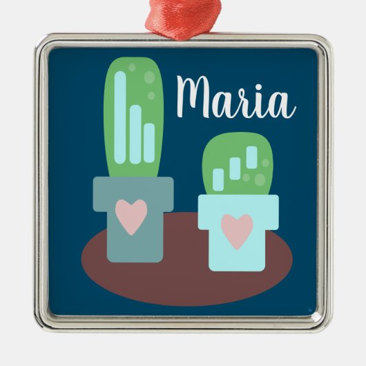 愛らしいサボテンハートポットクリスマスプレゼント メタルオーナメント (正面)