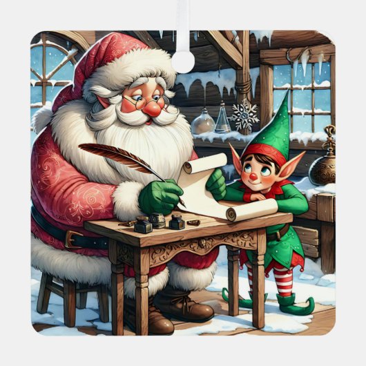 愛らしいサンタと小妖精や小人クリスマス メタルオーナメント (正面)