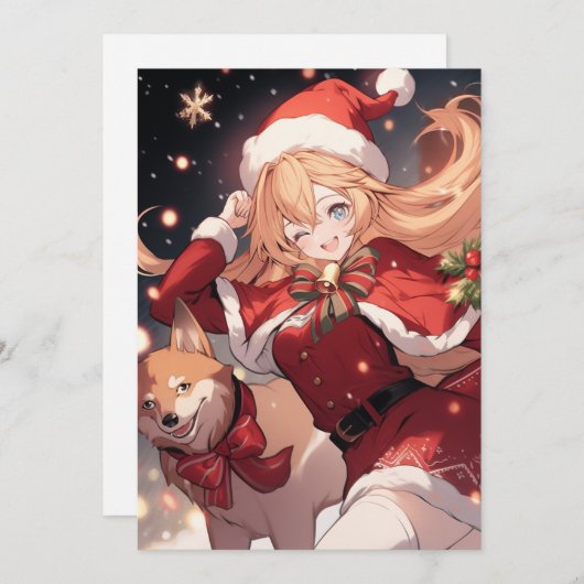 愛らしいサンタアニメの少女とクリスマス柴犬 シーズンカード (正面/裏面)