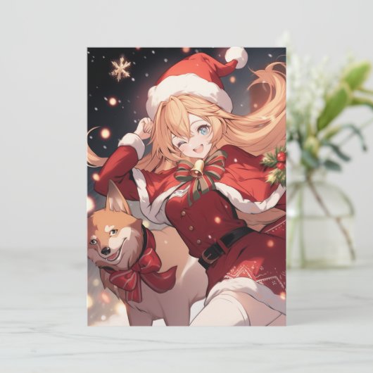 愛らしいサンタアニメの少女とクリスマス柴犬 シーズンカード (スタンド正面)