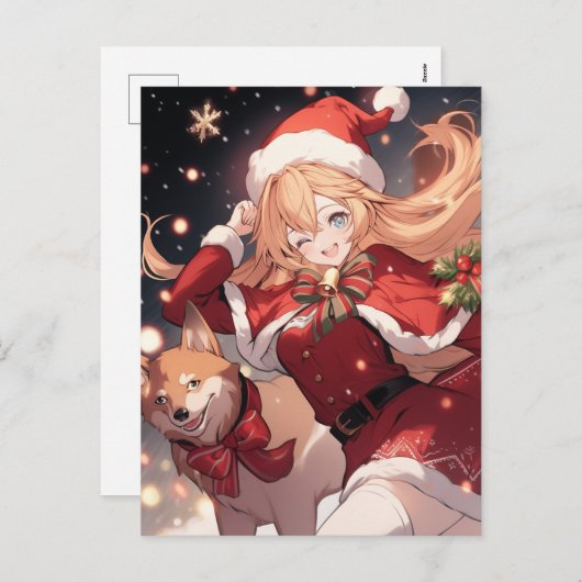 愛らしいサンタアニメの少女とクリスマス柴犬 シーズンポストカード (正面/裏面)