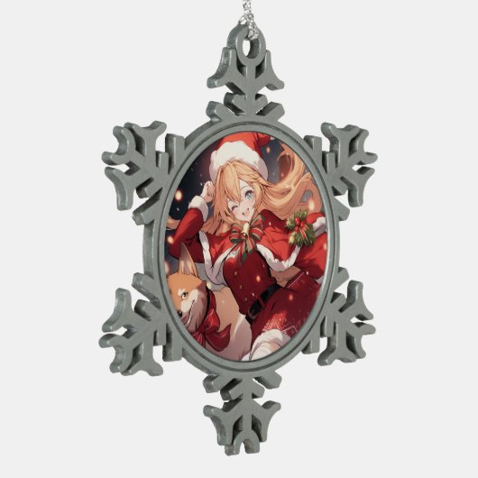 愛らしいサンタアニメの少女とクリスマス柴犬 スノーフレークピューターオーナメント (左)