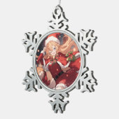 愛らしいサンタアニメの少女とクリスマス柴犬 スノーフレークピューターオーナメント (右)