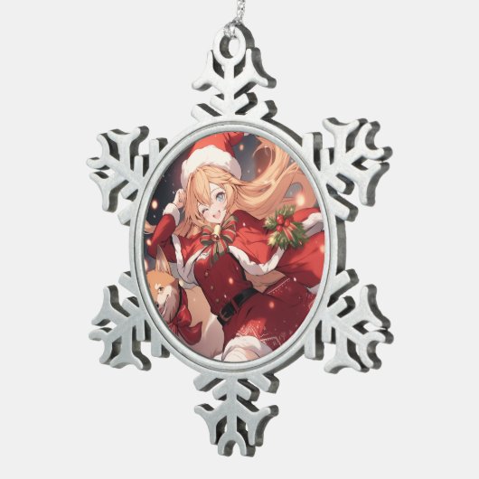 愛らしいサンタアニメの少女とクリスマス柴犬 スノーフレークピューターオーナメント (右)