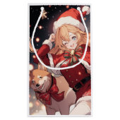愛らしいサンタアニメの少女とクリスマス柴犬 スモールペーパーバッグ (裏面)