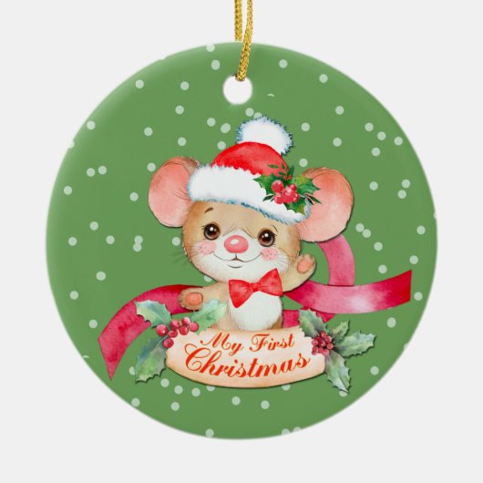 愛らしいサンタ帽のネズミの初めてのクリスマスベイビー セラミックオーナメント (正面)