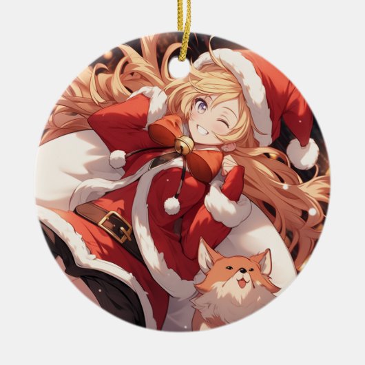 愛らしいサンタ・アニメ女子バッグのプレゼントと愛犬 セラミックオーナメント (正面)