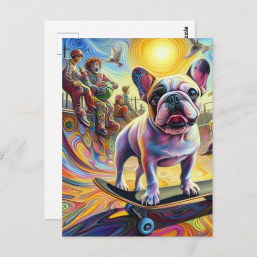 愛らしいサーレアルフランスのブルドッグスケートボード ポストカード (正面/裏面)