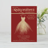 愛らしいシックな金ゴールドドレスレッドQuinceanera 招待状 (スタンド正面)