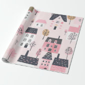 愛らしいシティハウズピンク ラッピングペーパー (アンロールド)