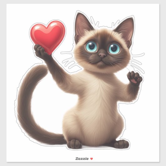 愛らしいシャム猫が赤いハートを抱えたデザイン💕 シール (シート)