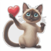愛らしいシャム猫が赤いハートを抱えたデザイン💕 シール (正面)
