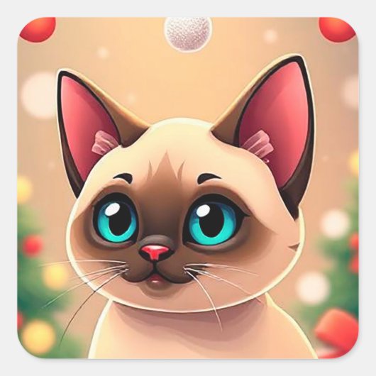愛らしいシャム猫にクリスマスの飾り付け スクエアシール (正面)