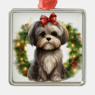 愛らしいシーズー(犬)TZU子犬のクリスマスリース メタルオーナメント