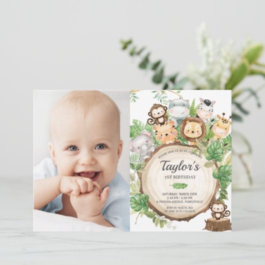 愛らしいジャングルサファリの緑1歳の誕生日の写真 招待状 (スタンド正面)