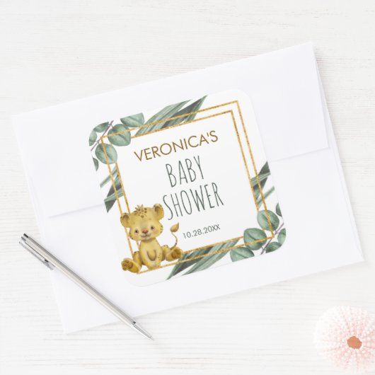 愛らしいジャングルサファリオンベビーシャワー スクエアシール (封筒)