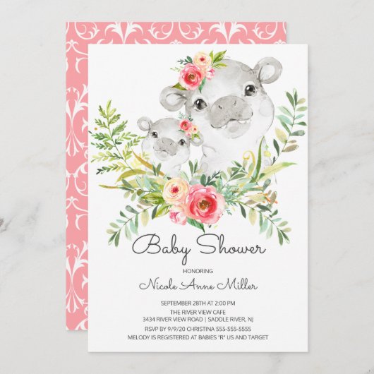 愛らしいジャングルヒッポベビーシャワー招待状 招待状 (正面/裏面)