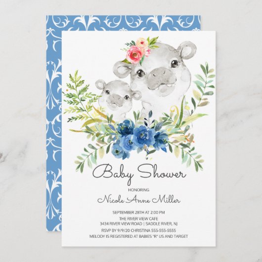 愛らしいジャングルヒッポベビーシャワー招待状 招待状 (正面/裏面)