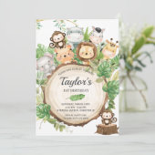 愛らしいジャングル動物の緑1歳の誕生日 招待状 (スタンド正面)