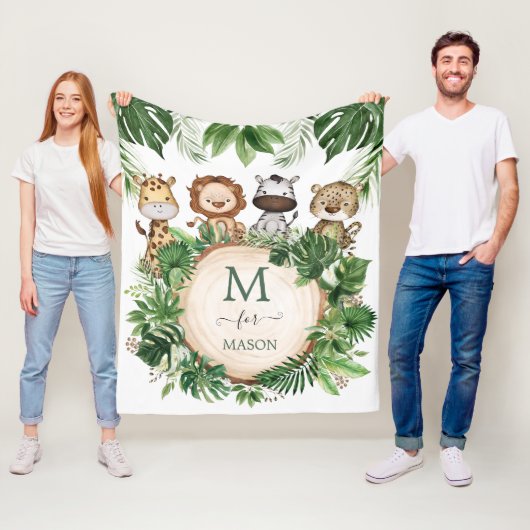 愛らしいジャングル動物トロピカルサファリグリーン フリースブランケット (インサイチュ)