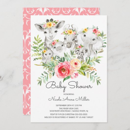 愛らしいジャングル動物ベビーシャワー招待状 招待状 (正面/裏面)