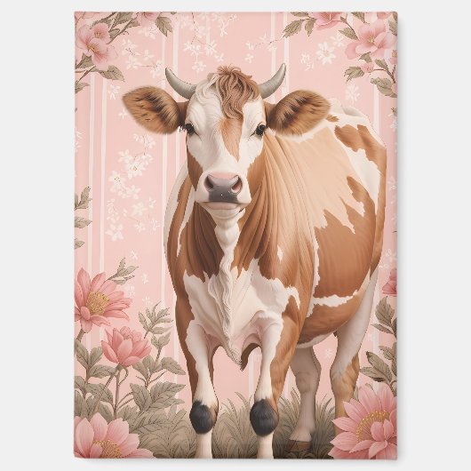愛らしいジャージー牛 ピンクの花柄 マグネット (正面)