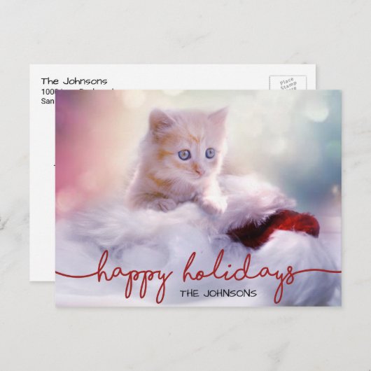 愛らしいジンジャーキッチンキャットサンタハットクリスマス シーズンポストカード (正面/裏面)