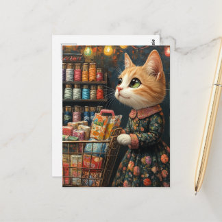 愛らしいジンジャー子猫の食料品ショッピング ポストカード