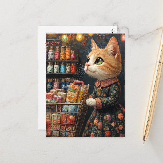 愛らしいジンジャー子猫の食料品ショッピング ポストカード (正面/裏面インサイチュ)