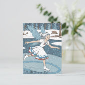 愛らしいスケートを履く妖精のいる雪の白い冬の森 ポストカード (スタンド正面)