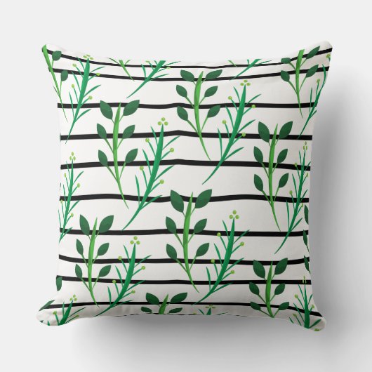 愛らしいストライプ白黒グリーン葉 モダン クッション (正面)