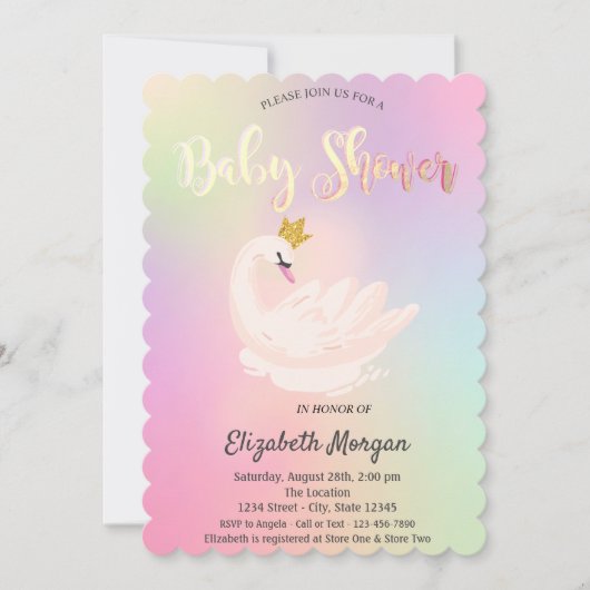 愛らしいスワンクラウンホログラフィックベビーシャワー 招待状 (正面)