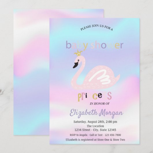 愛らしいスワン ホログラフィック ベビーシャワー 招待状 (正面/裏面)
