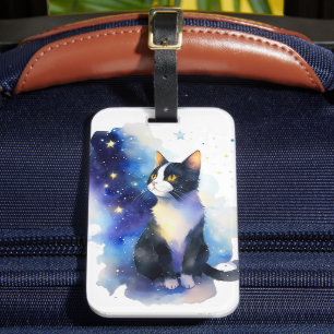 愛らしいタキシード猫の水彩イラストレーション ラゲッジタグ