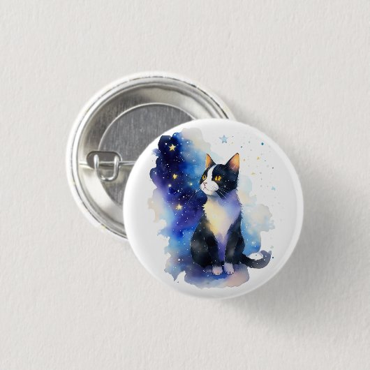 愛らしいタキシード猫の水彩イラストレーション 缶バッジ (正面&裏面)