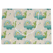 愛らしいターコイズ恐竜&レインボウ ラージペーパーバッグ (正面)