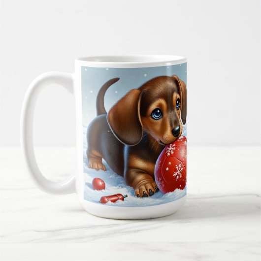 愛らしいダックスフンドの子犬が赤いボールで遊んでいる コーヒーマグカップ (左)