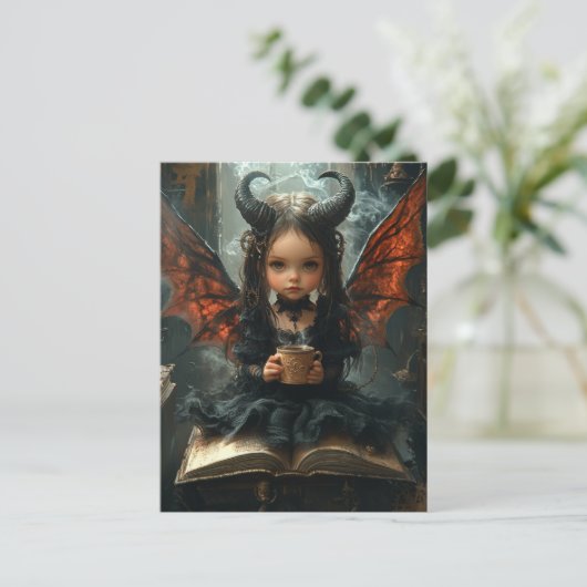 愛らしいダークエンジェルとコーヒーと本 ポストカード (スタンド正面)