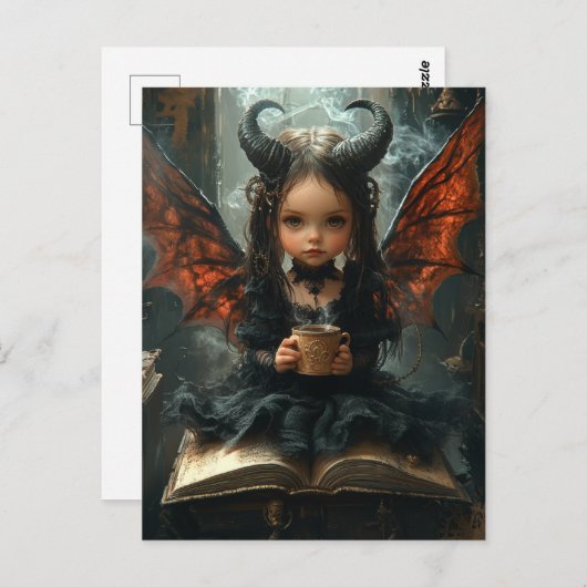 愛らしいダークエンジェルとコーヒーと本 ポストカード (正面/裏面)